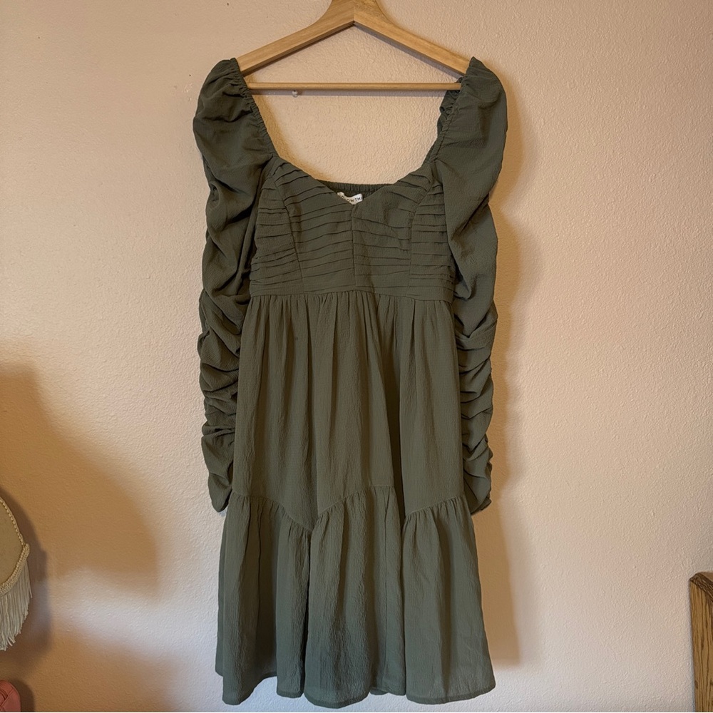Green Smocked Tiered Midi Dress with Puff Sleeves